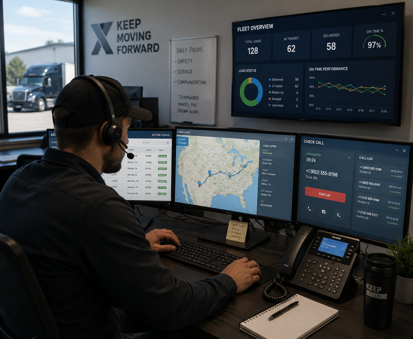 Dispatcher tracking active loads on screen