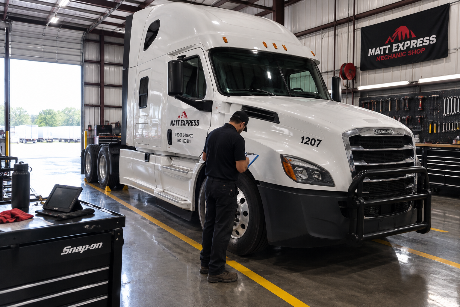Matt Express technician inspecting a tractor in the shop bay